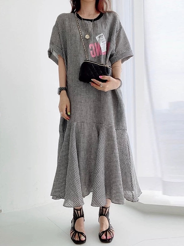 Retro Round Neck Letter Print Short Sleeve Dress