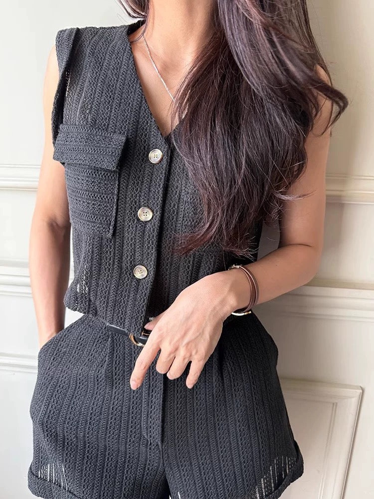 Hollow Lace Pocket Vest + High Waist Rolled Shorts Two-Piece Set