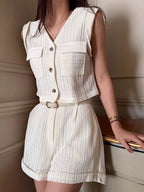 Hollow Lace Pocket Vest + High Waist Rolled Shorts Two-Piece Set