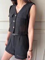 Hollow Lace Pocket Vest + High Waist Rolled Shorts Two-Piece Set