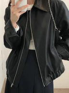 Lapel Zipper Loose Leather Biker Jacket - PAINEVIDA