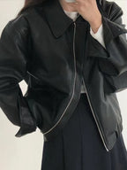 Lapel Zipper Loose Leather Biker Jacket - PAINEVIDA