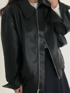 Lapel Zipper Loose Leather Biker Jacket - PAINEVIDA