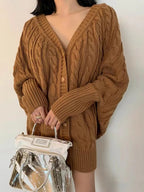 V-Neck Single-Breasted Hemp Pattern Cardigan Sweater - PAINEVIDA