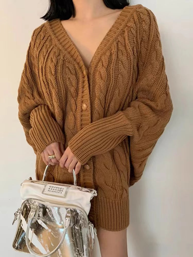 V-Neck Single-Breasted Hemp Pattern Cardigan Sweater - PAINEVIDA