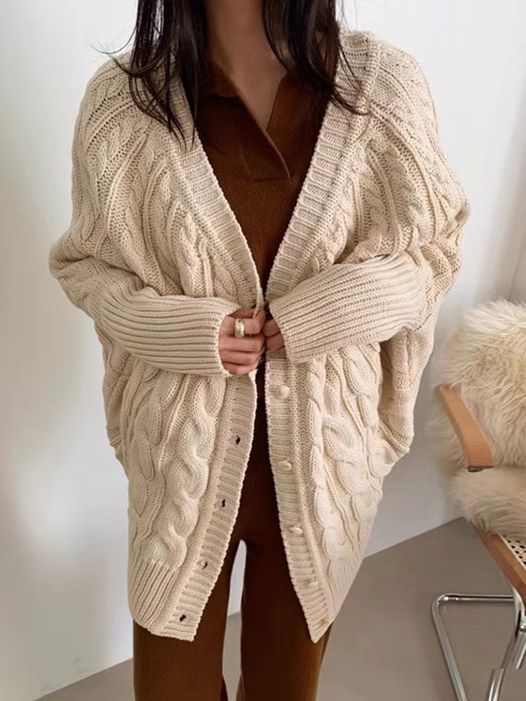 V-Neck Single-Breasted Hemp Pattern Cardigan Sweater - PAINEVIDA