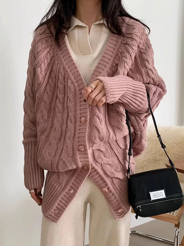 V-Neck Single-Breasted Hemp Pattern Cardigan Sweater - PAINEVIDA