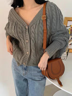 V-Neck Single-Breasted Hemp Pattern Cardigan Sweater - PAINEVIDA