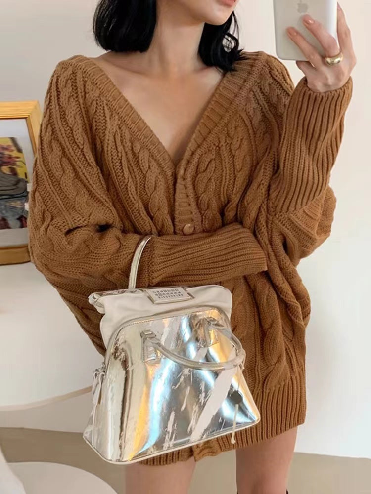 V-Neck Single-Breasted Hemp Pattern Cardigan Sweater - PAINEVIDA