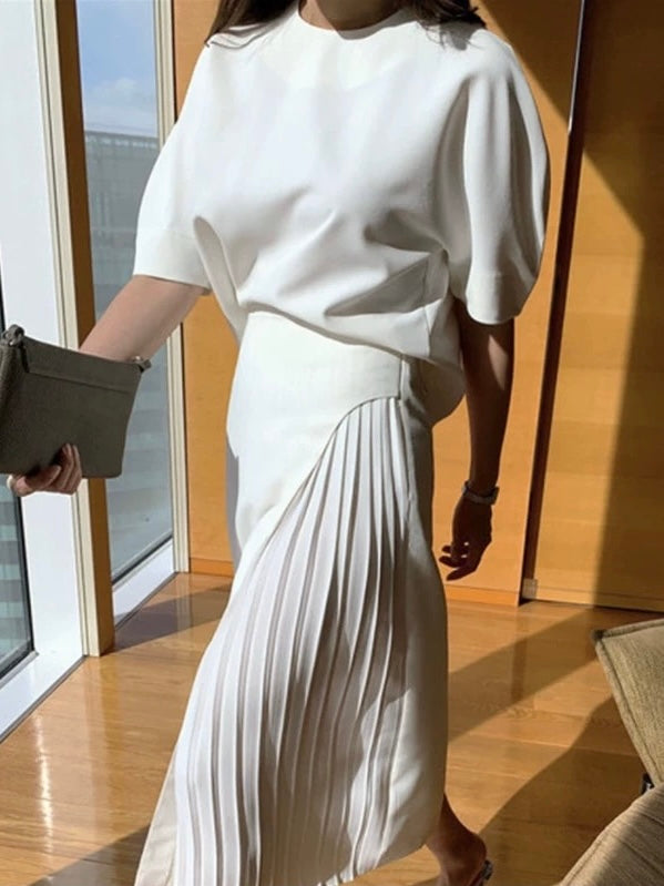 Round Neck Puff Sleeve Shirt + High Waist Pleated Skirt