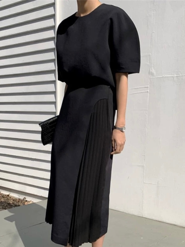 Round Neck Puff Sleeve Shirt + High Waist Pleated Skirt