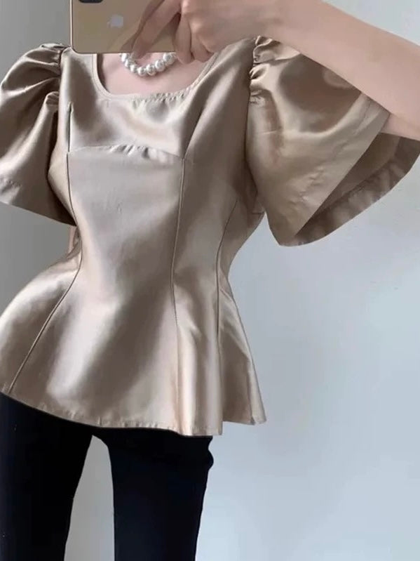 PuffSleeve Waist Solid Color Top by painevida