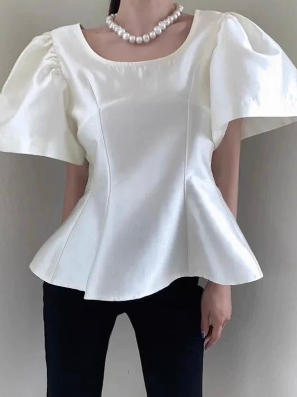 PuffSleeve Waist Solid Color Top by painevida