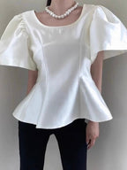 PuffSleeve Waist Solid Color Top by painevida