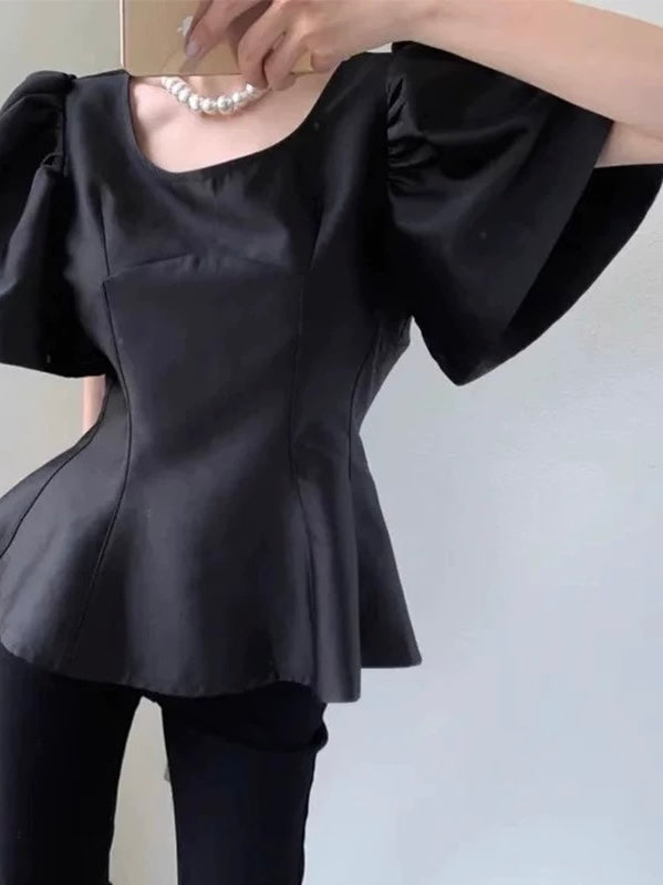 PuffSleeve Waist Solid Color Top by painevida