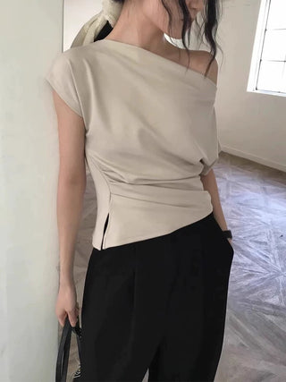 Pleated Off-Shoulder Irregular Versatile Top by painevida
