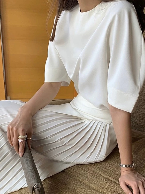 Round Neck Puff Sleeve Shirt + High Waist Pleated Skirt