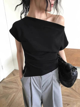 Pleated Off-Shoulder Irregular Versatile Top by painevida