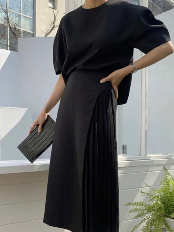 Round Neck Puff Sleeve Shirt + High Waist Pleated Skirt