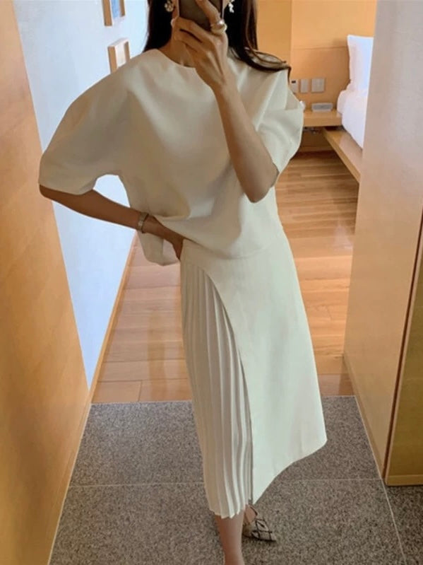 Round Neck Puff Sleeve Shirt + High Waist Pleated Skirt