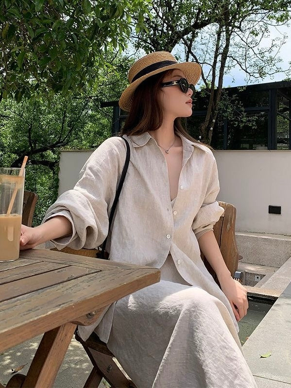 Cozy Linen Lapel Long-Sleeved Shirt&Skirt 2 Set by painevida