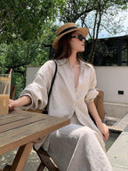 Cozy Linen Lapel Long-Sleeved Shirt&Skirt 2 Set by painevida