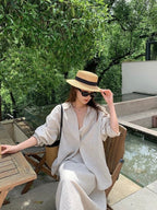 Cozy Linen Lapel Long-Sleeved Shirt&Skirt 2 Set by painevida