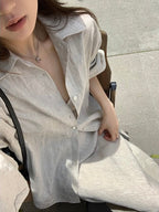 Cozy Linen Lapel Long-Sleeved Shirt&Skirt 2 Set by painevida