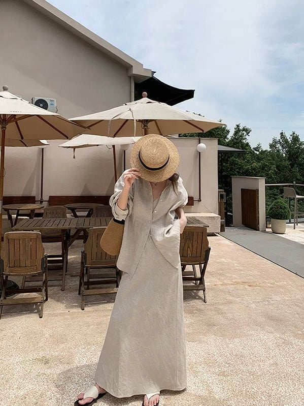 Cozy Linen Lapel Long-Sleeved Shirt&Skirt 2 Set