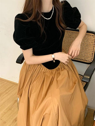 Vintage Crew Neck Puff Sleeve Irregular Pleated Dress