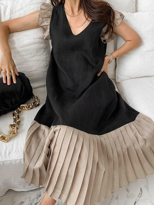 V-Neck Contrast Panel Pleated Dress