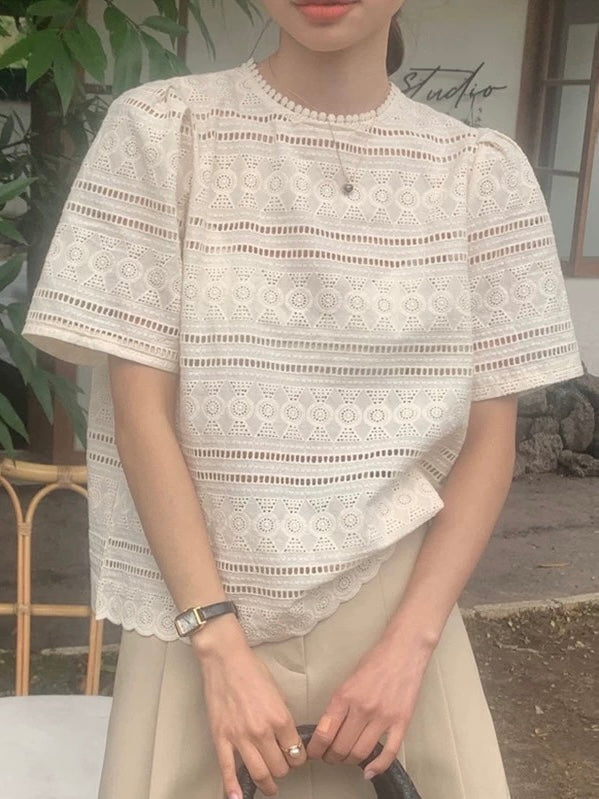 Round Neck Hollow Crochet Lace Short-Sleeved Shirt by painevida