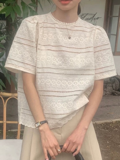 Round Neck Hollow Crochet Lace Short-Sleeved Shirt