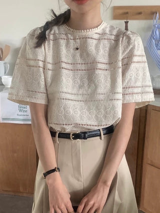 Round Neck Hollow Crochet Lace Short-Sleeved Shirt by painevida