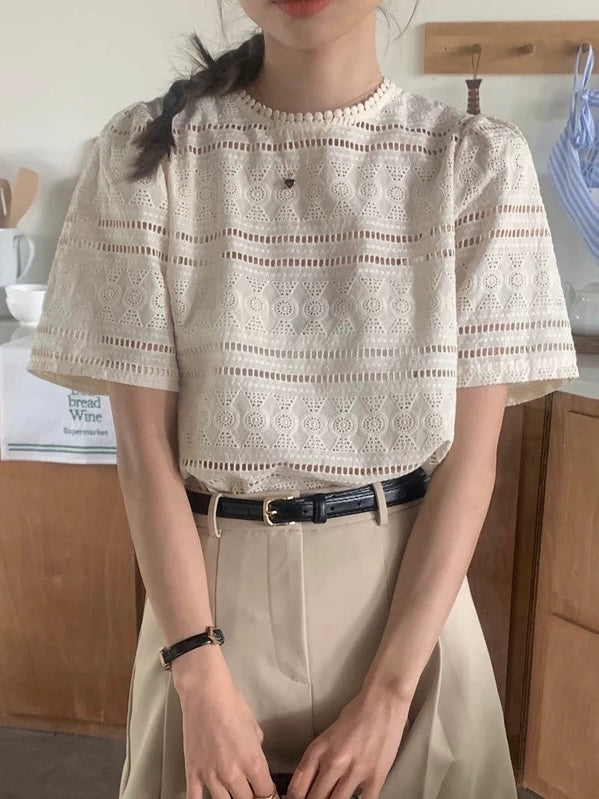 Round Neck Hollow Crochet Lace Short-Sleeved Shirt by painevida