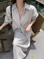 Cozy Linen Lapel Long-Sleeved Shirt&Skirt 2 Set by painevida