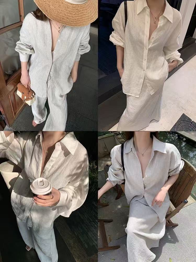Cozy Linen Lapel Long-Sleeved Shirt&Skirt 2 Set