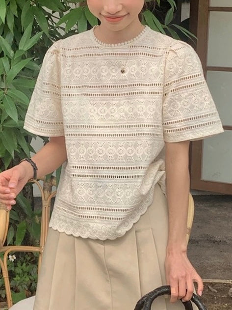 Round Neck Hollow Crochet Lace Short-Sleeved Shirt by painevida