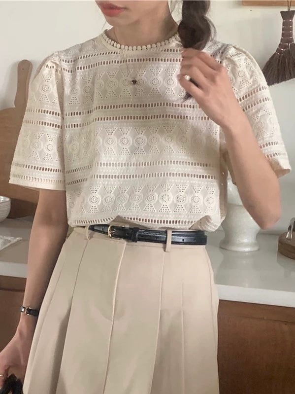 Round Neck Hollow Crochet Lace Short-Sleeved Shirt by painevida