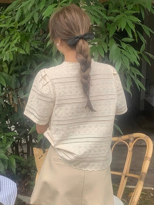Round Neck Hollow Crochet Lace Short-Sleeved Shirt by painevida