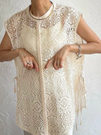 Round Neck Lace Hollow Hook Flower Shirt Short Sleeves