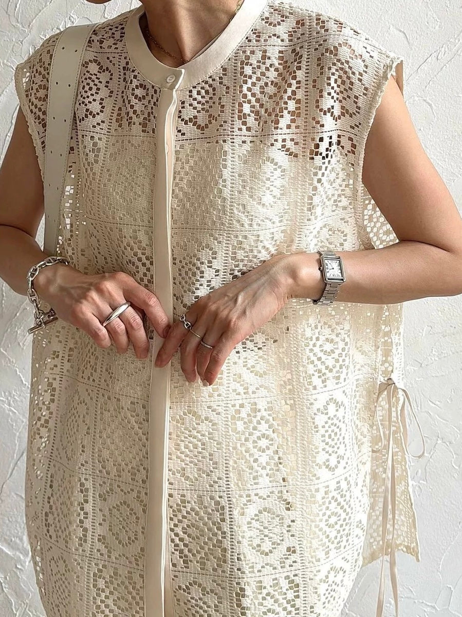 Round Neck Lace Hollow Hook Flower Shirt Short Sleeves