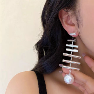 Hollow Round Tube Stitching Layered Pearl Earrings by painevida