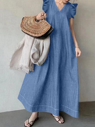 Fly-sleeve Denim Tie Back V-Neck Long Dress