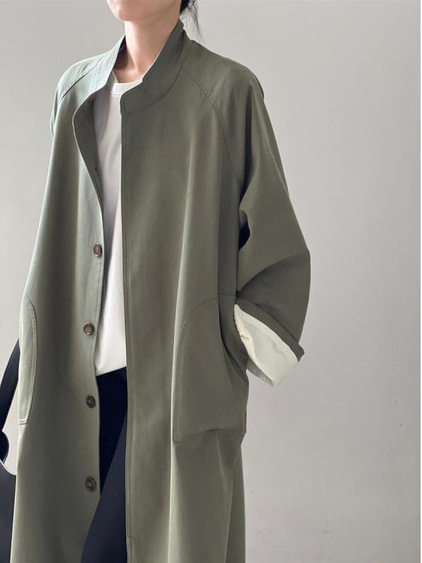 Simple Stand Collar Trench Long Coat by painevida
