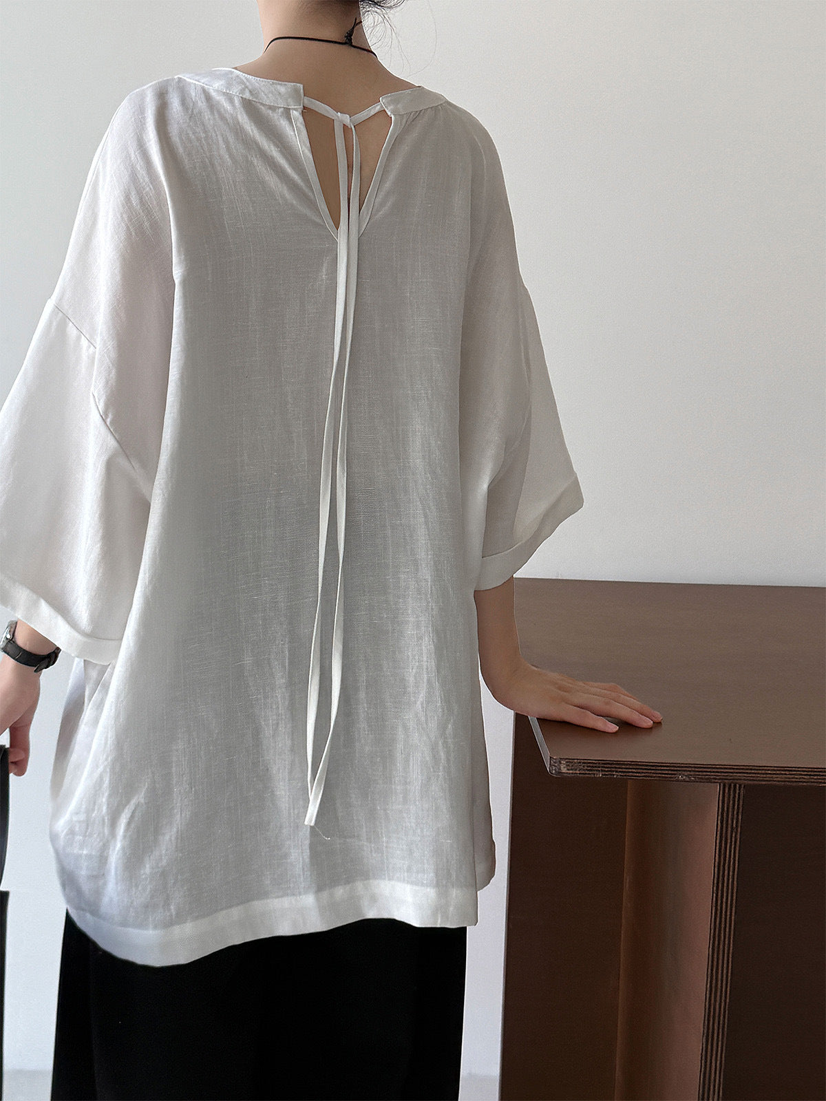 Loose Round Neck With Back Ties Blouse