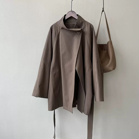 Retro One Button Stand Collar Waist Tench Coat