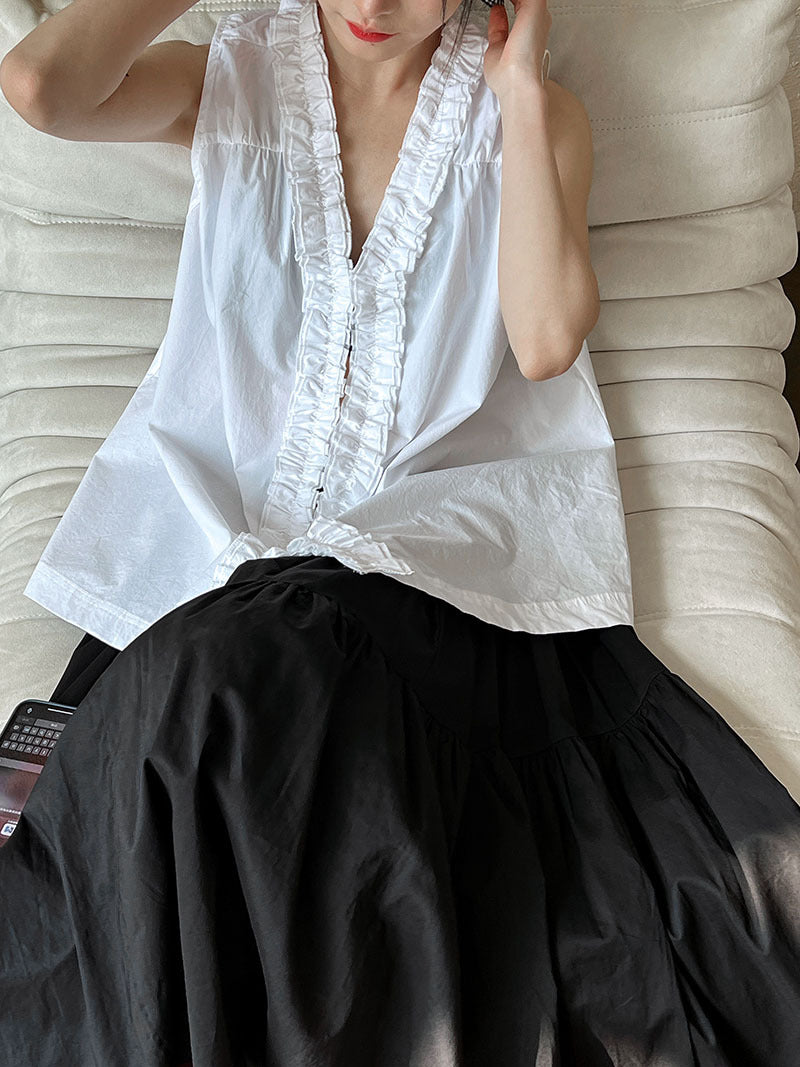 Ruffle Hem Petal Collar Sleeveless Shirt