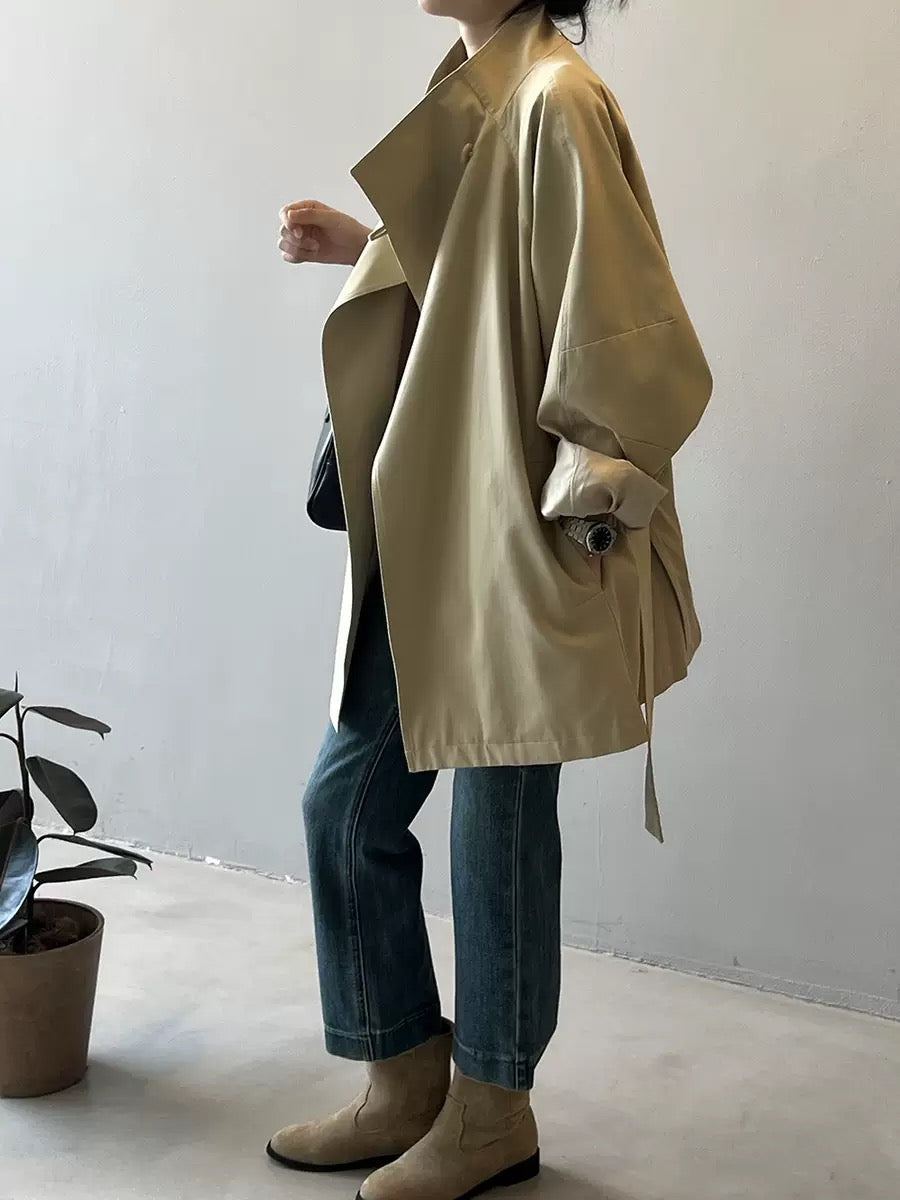 Retro One Button Stand Collar Waist Tench Coat