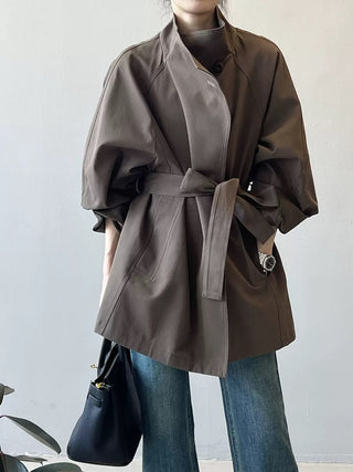Retro One Button Stand Collar Waist Tench Coat by painevida